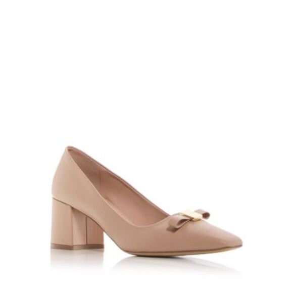 FERRAGAMO Womens Beige Myra Royal Bow Block Heel Slip On Leather Pumps Shoes 9